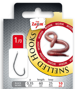 Snelled Hook, Worm, #1, Line &Oslash;0,30mm/60cm, loop 25mm - Готовий повідець для черв"яка, з моно жилки( &Oslash;0,30мм) та гачка(№1), довжина: (60см), кількість: (10шт)